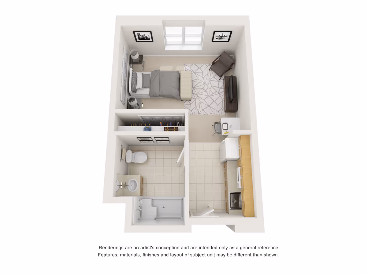 3D floor plan of a small apartment unit featuring a bedroom with a bed, nightstand, chair, TV, and desk. Adjacent to the bedroom is a kitchen area with appliances and cabinets. The unit also includes a bathroom with a toilet, sink, and shower. There is a closet space between the bedroom and bathroom.