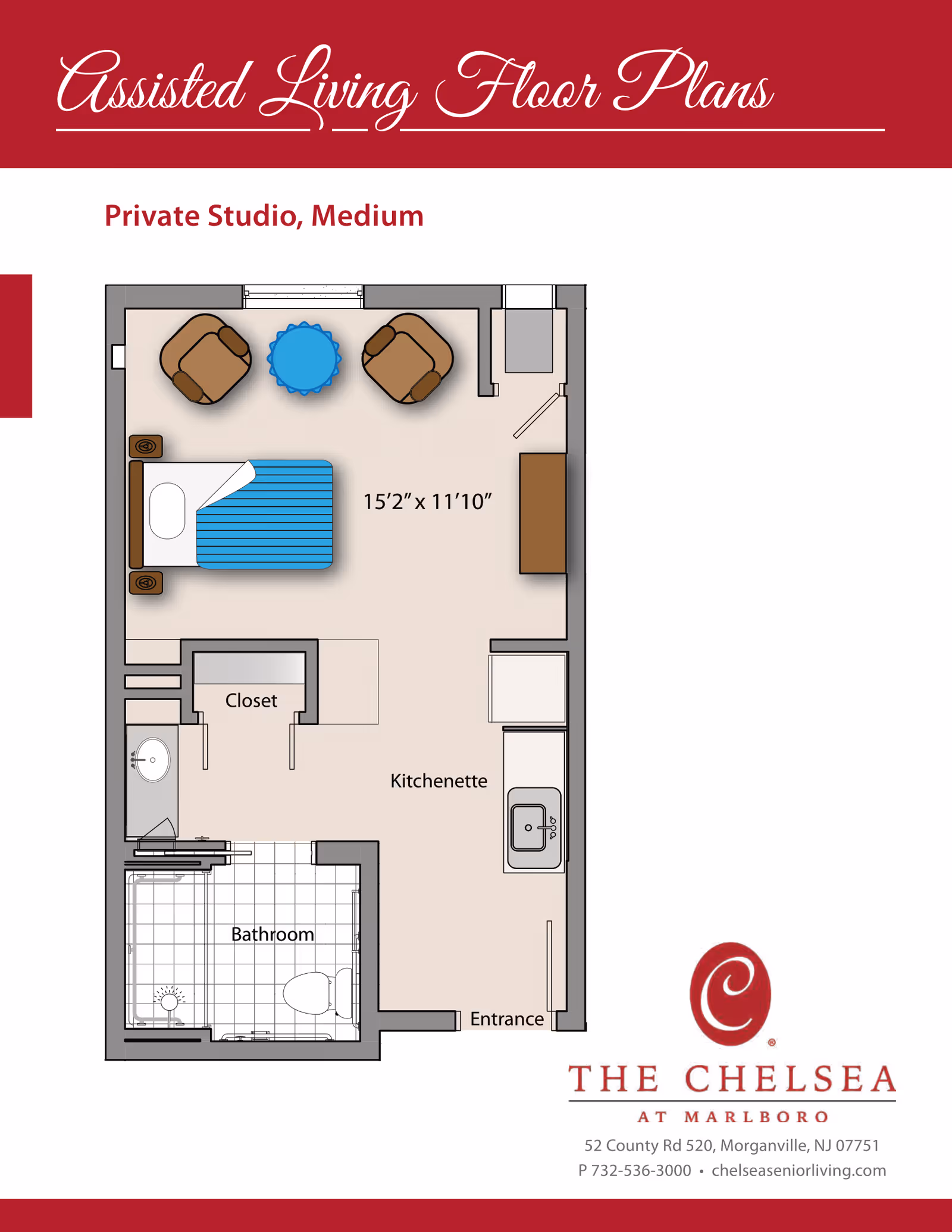Graphic floor plan of a private studio assisted living apartment showing a bed, seating area, kitchenette, closet, and bathroom.