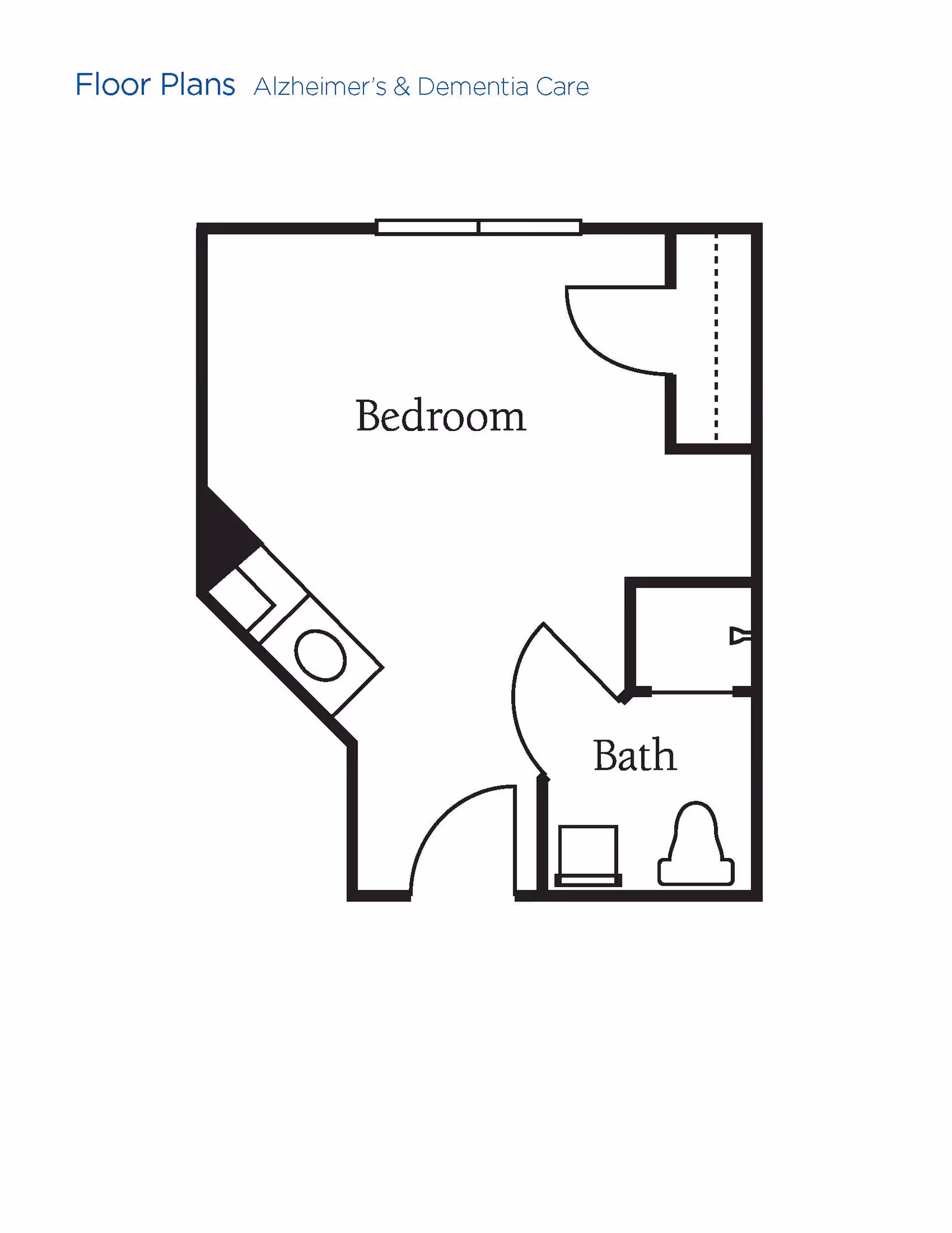 Floor plan layout for Alzheimer's and Dementia Care showing a bedroom with an attached bathroom. The bedroom has a closet and the bathroom includes a toilet and a sink.