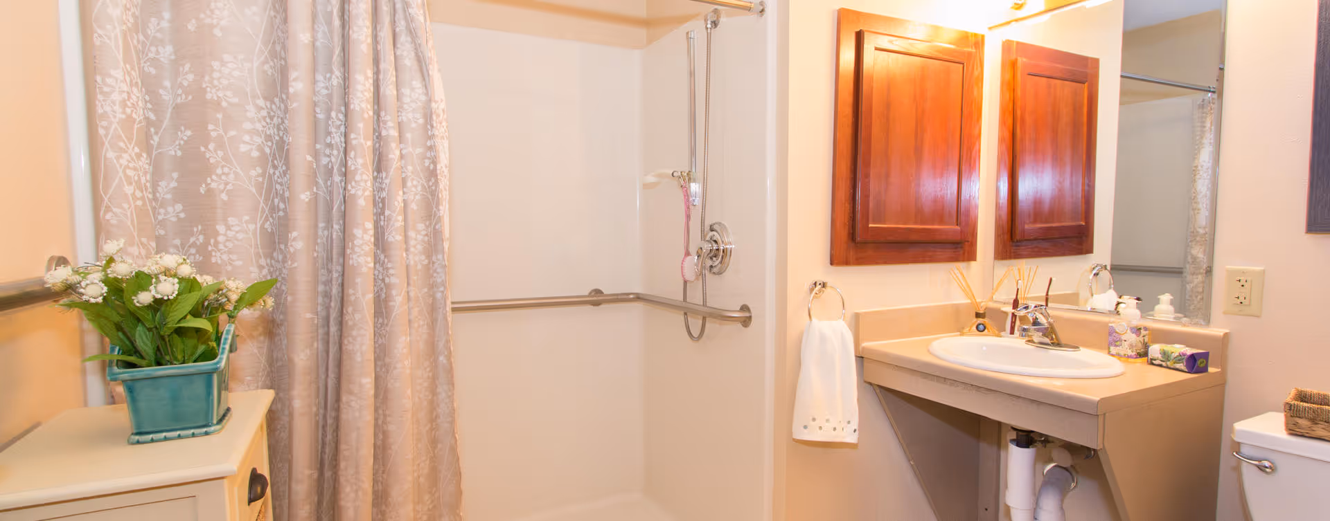 A bathroom with a shower area featuring a floral-patterned shower curtain and a grab bar. There is a sink with a countertop, a mirror above it, and a towel hanging on a ring. A small cabinet with a potted plant is visible next to the shower.