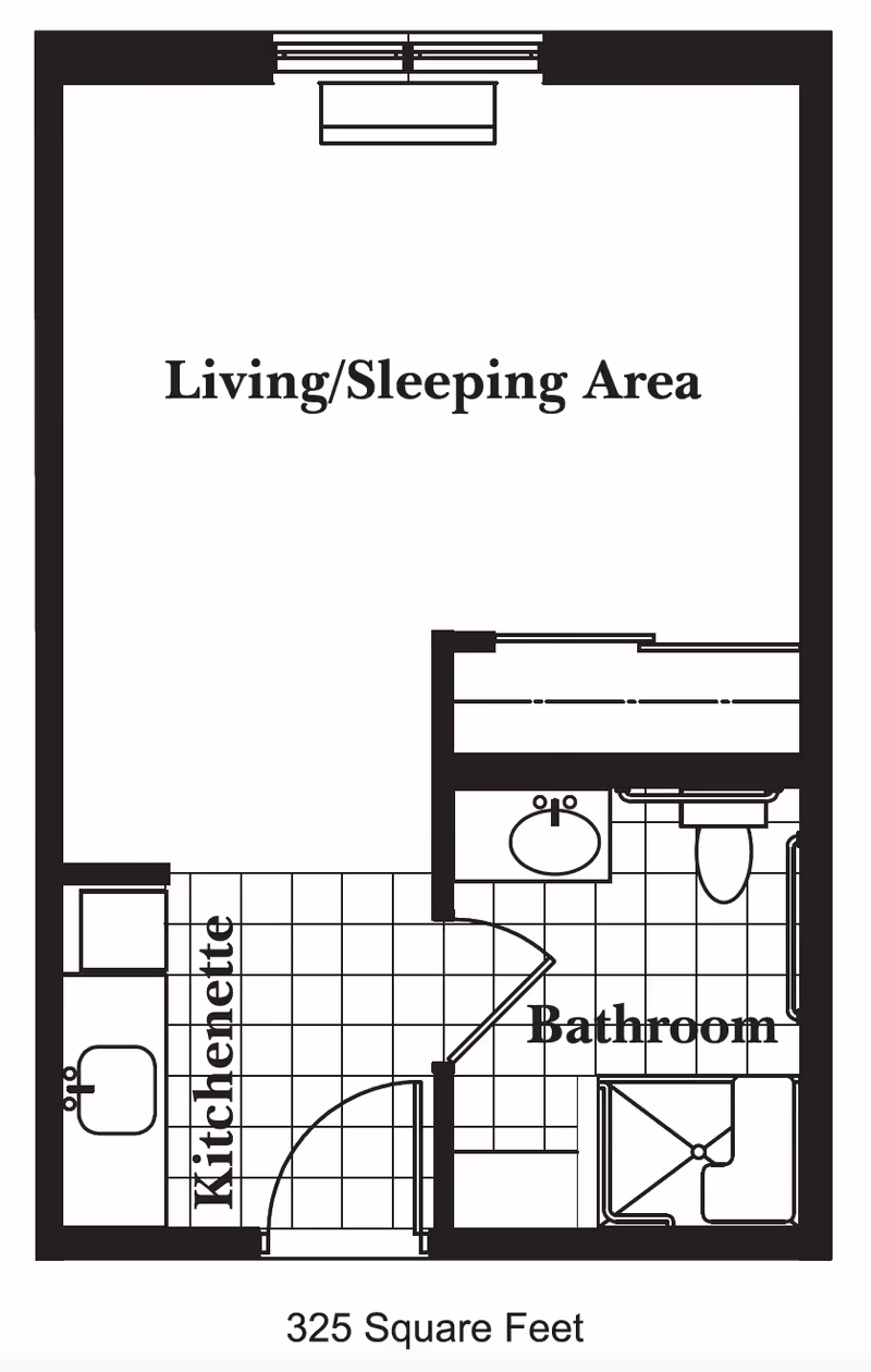 Floor plan of a 325 square feet living space at Heritage Woods of Sterling, showing a living/sleeping area, kitchenette, and bathroom with a shower, toilet, and sink.