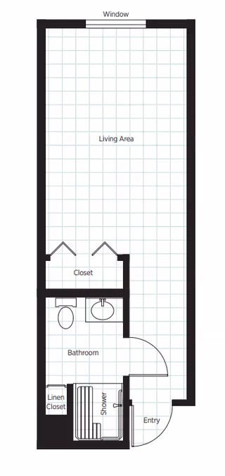 Architectural floor plan of a small living space at Belmont Village Thousand Oaks showing an entry area leading to a shower, linen closet, bathroom with toilet and sink, a closet, and a living area with a window.