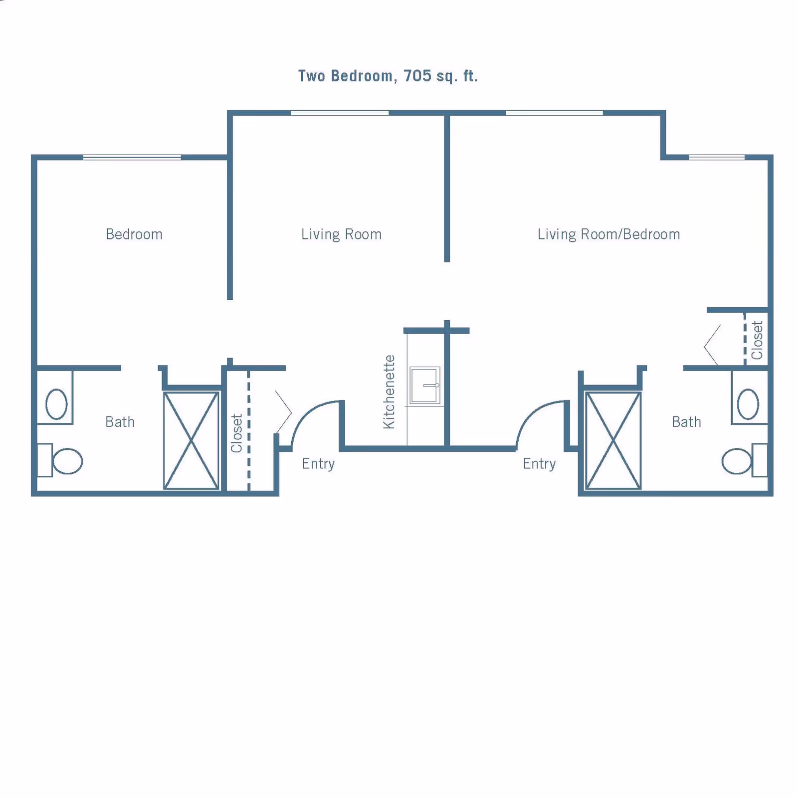 Floor plan of a two-bedroom, 705 square feet apartment at Merrill Gardens at Sheldon Park, showing two bedrooms, two bathrooms, a kitchenette, two entries, closets, and living room areas.