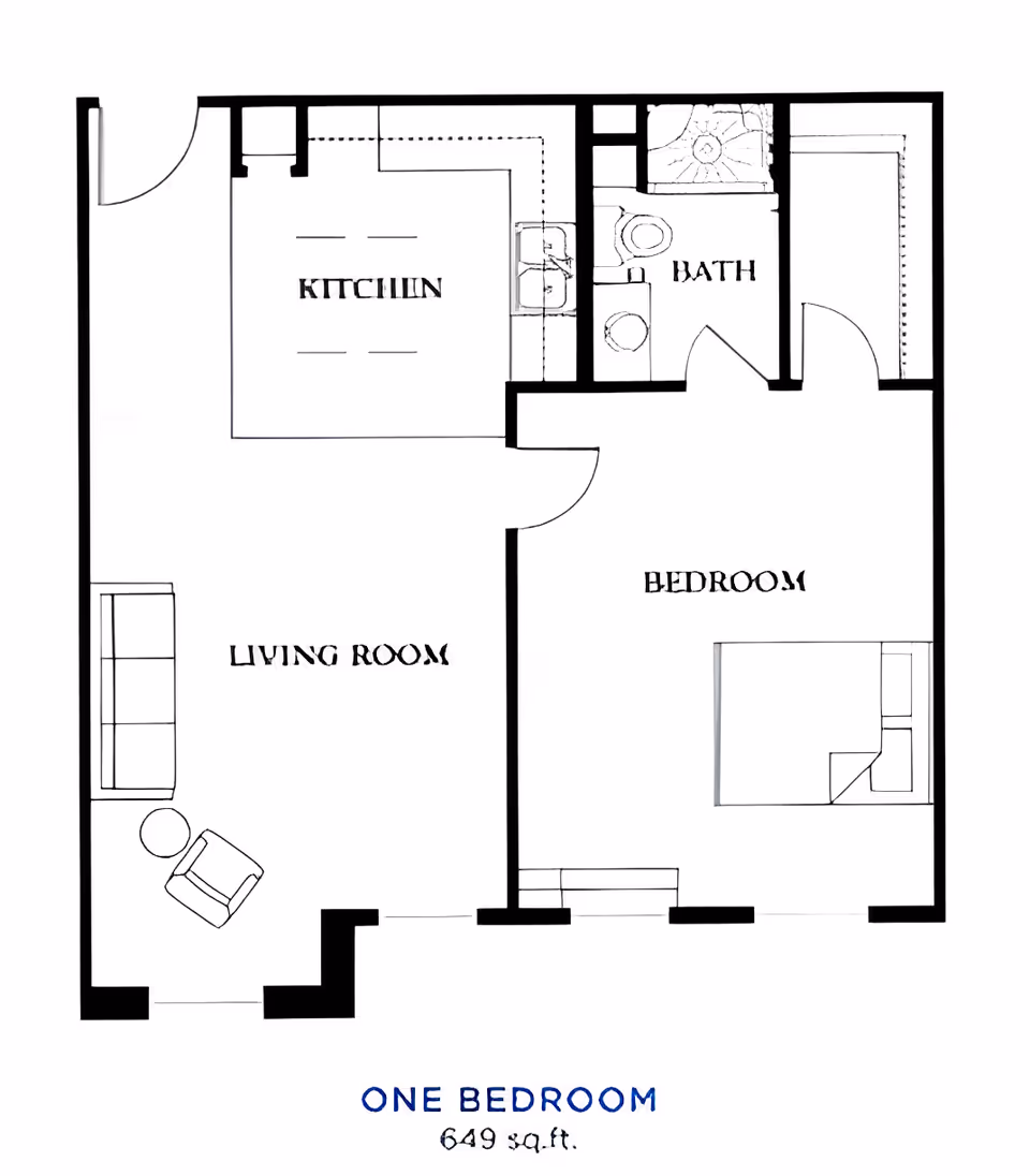 Floor plan of a one-bedroom apartment showing a living room with sofa and chair, a kitchen area, a bathroom with toilet and shower, and a bedroom with a bed. The total area is 649 square feet.