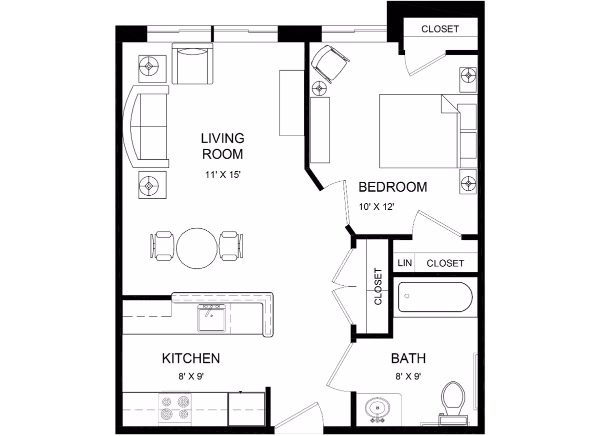 Floor plan of a one-bedroom apartment at Sullivan House showing a living room with sofa, chair, and table, a kitchen with stove and sink, a bedroom with bed and chair, and a bathroom with bathtub, toilet, and sink. Closets and linen storage are also indicated.