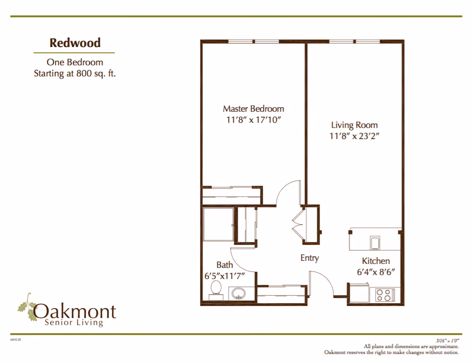 Floor plan layout of a one-bedroom apartment named Redwood at Oakmont Senior Living, showing a master bedroom, living room, kitchen, bathroom, and entry area with dimensions for each room.