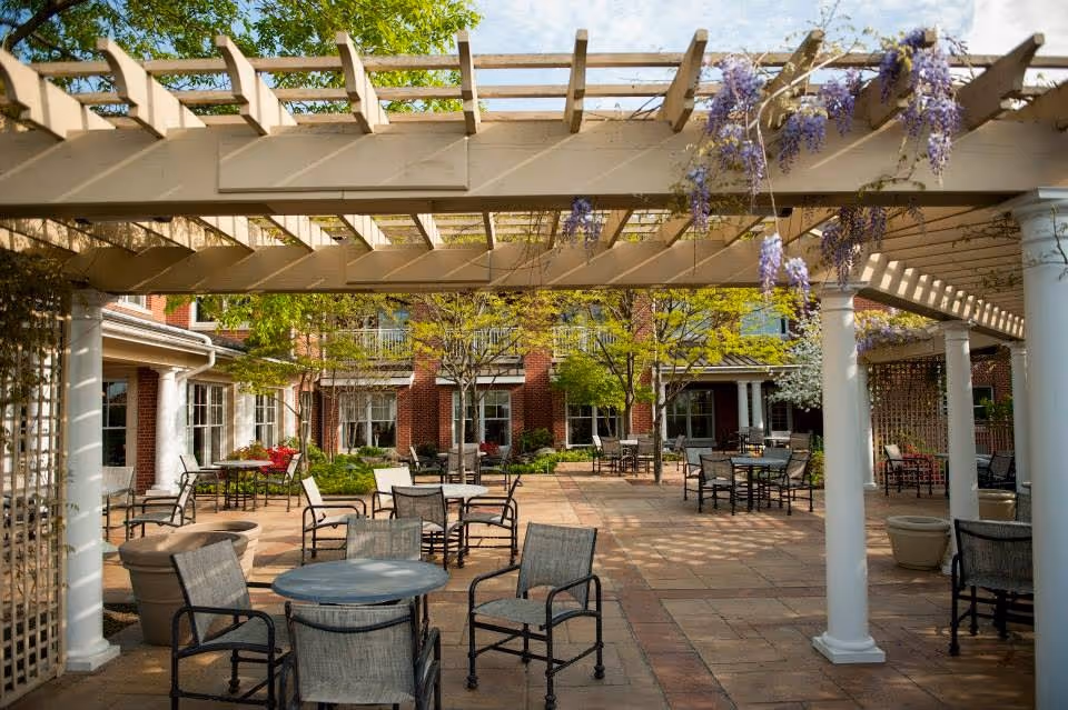 Outdoor patio area with multiple tables and chairs arranged under a wooden pergola adorned with hanging purple flowers. The patio is surrounded by a brick building with large windows and greenery including trees and potted plants.