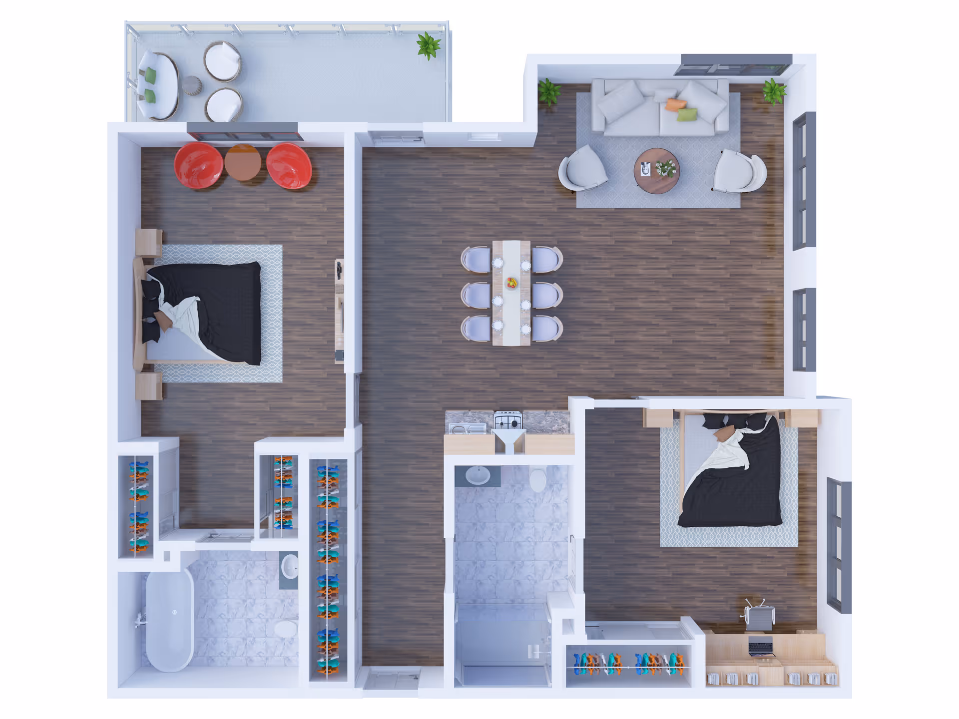 Top-down view of a two-bedroom apartment floor plan featuring a living room with sofa and chairs, a dining area with a table and six chairs, a kitchen with appliances, two bedrooms each with a bed and nightstands, two bathrooms, closets with clothes, and a balcony with outdoor seating.