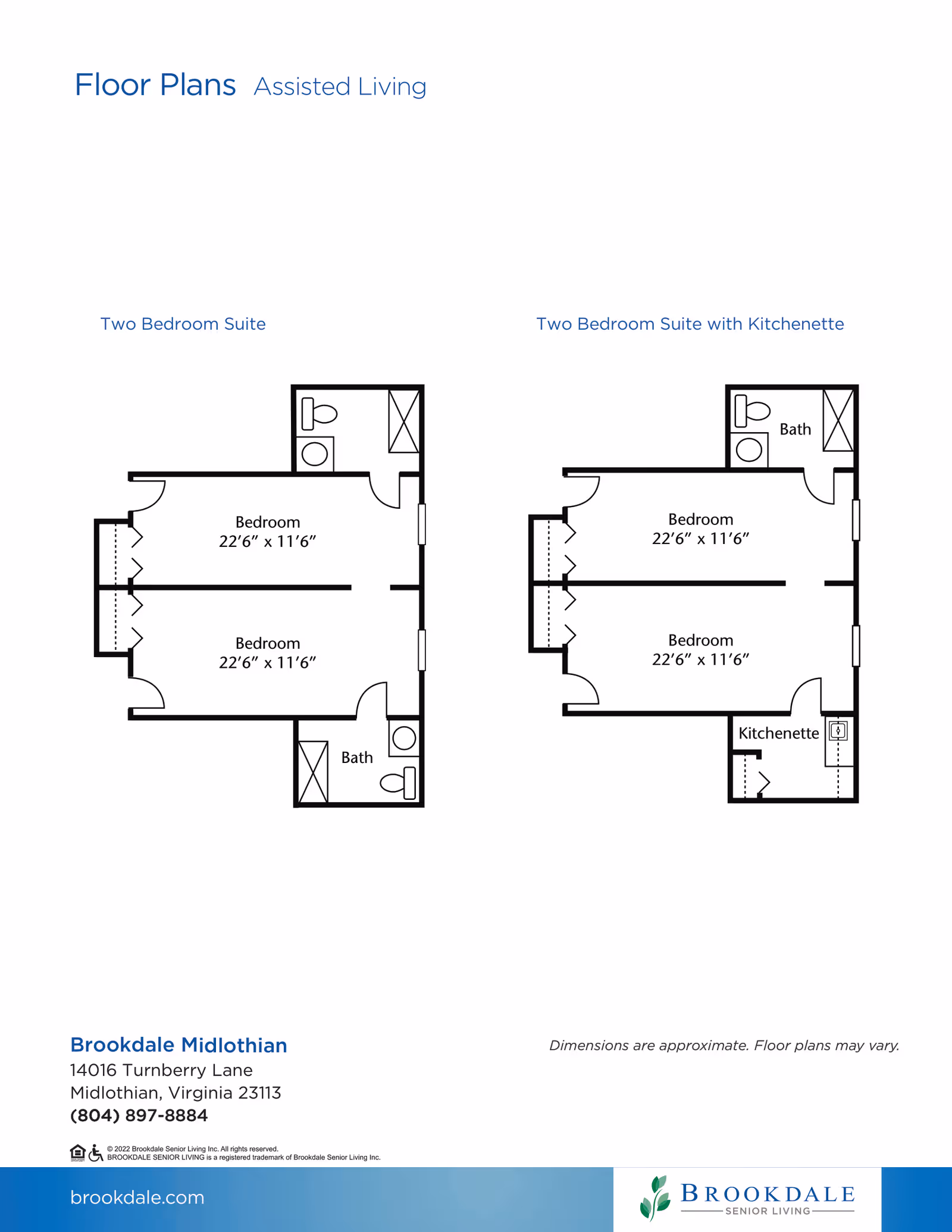 Floor plans for assisted living at Brookdale Midlothian showing two layouts: a Two Bedroom Suite and a Two Bedroom Suite with Kitchenette. Both layouts include two bedrooms each measuring 22 feet 6 inches by 11 feet 6 inches, and bathrooms. The suite with kitchenette includes a small kitchenette area. Contact information and address for Brookdale Midlothian in Midlothian, Virginia is provided at the bottom.