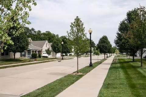 A quiet suburban street lined with young trees and well-maintained lawns. Sidewalks run along both sides of the street, and single-story houses with garages are visible on the left side. The sky is partly cloudy.
