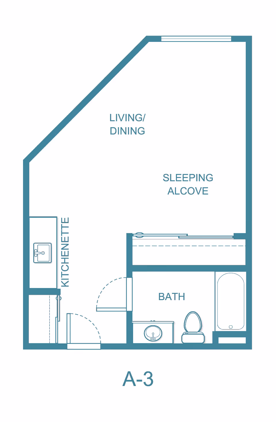 Floor plan labeled A-3 showing a studio layout with a kitchenette, living/dining area, sleeping alcove, and a bathroom with a sink, toilet, and bathtub.