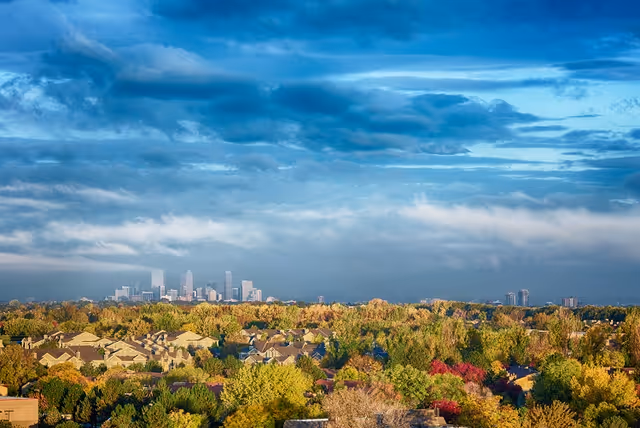 A wide view of a suburban landscape with trees, houses, and distant city skyline