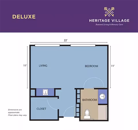 Floor plan labeled Deluxe from Heritage Village Assisted Living and Memory Care showing a combined living and bedroom area measuring 22 by 11 feet, a bathroom with toilet and sink, and a closet with a sink. Dimensions are approximate and floor plans may vary.