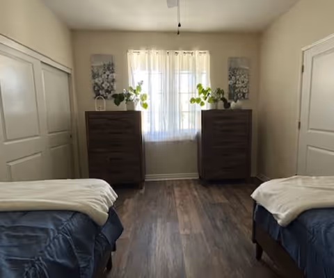 Light-filled bedroom with two twin beds facing a window flanked by two dressers and plants.