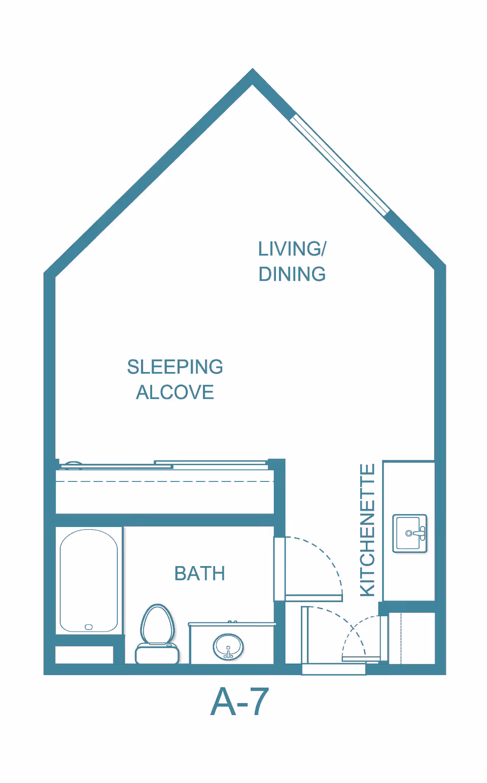 Architectural floor plan labeled A-7 showing a living/dining area, sleeping alcove, bath with bathtub, toilet, and sink, and a kitchenette with a sink.