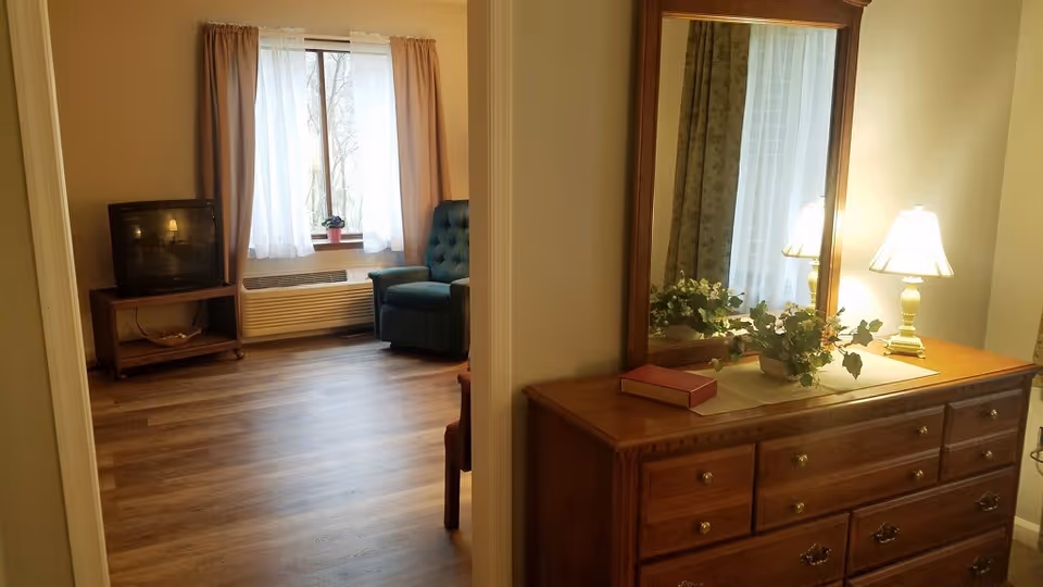 View of a cozy living area with a wooden floor, a window with curtains, a small TV on a wooden stand, and a green armchair. In the foreground, there is a wooden dresser with a large mirror, a table lamp, a book, and a small plant on top.