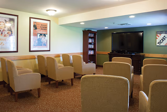A cozy media room with multiple beige upholstered armchairs arranged in rows facing a large flat-screen TV mounted on a dark wooden cabinet. The room has carpeted flooring, light yellow walls with a wooden chair rail, and framed vintage movie posters on the walls. A tall bookshelf filled with DVDs is positioned next to the TV.