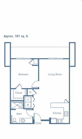 Floor plan of a senior living apartment approximately 787 square feet, showing a bedroom with closet, bathroom, living room, kitchen, entry, and washer/dryer area.
