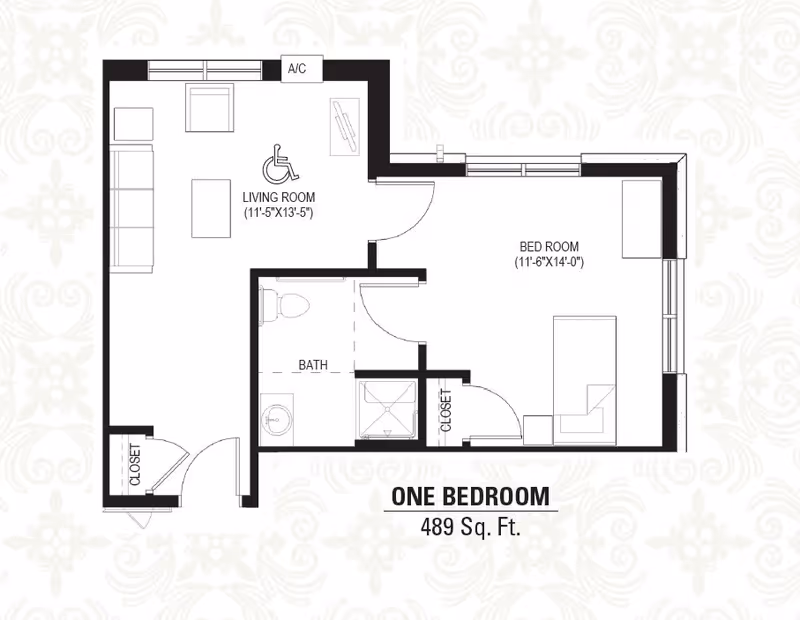 Floor plan of a one-bedroom apartment at Heritage Court Memory Care, showing a living room with furniture, a bedroom with a bed and nightstand, a bathroom with toilet, sink, and shower, and two closets. The total area is 489 square feet.