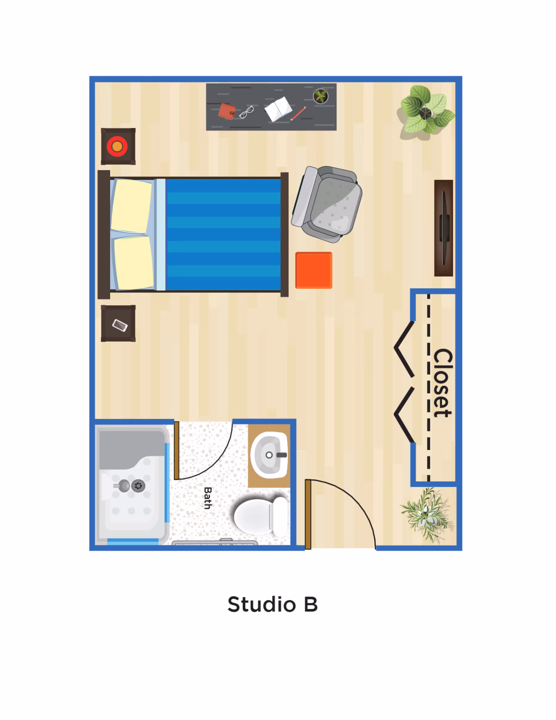 Top-down illustrated floor plan labeled "Studio B" showing a studio apartment with a bed, seating area, desk, closet, and a small bath.