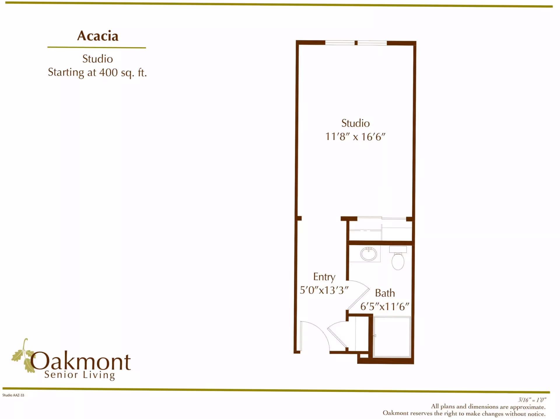 Floor plan of the Acacia studio apartment showing a rectangular studio area, entry and bath with dimensions.