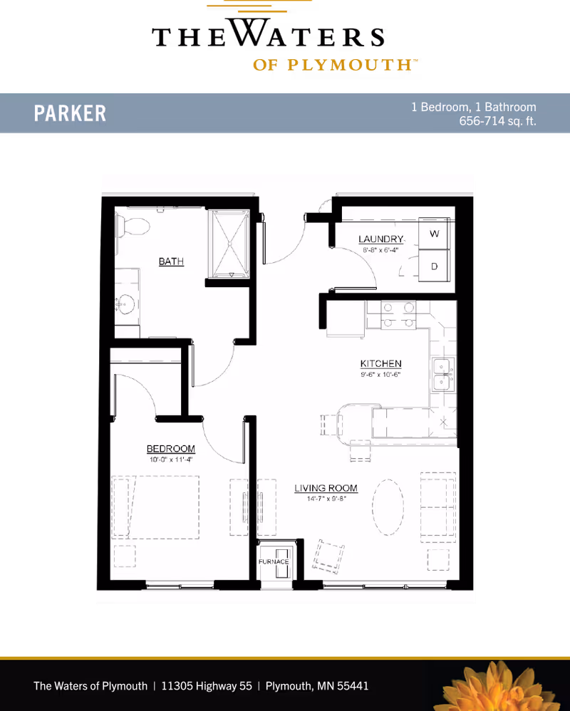 Floor plan layout of a one-bedroom, one-bathroom apartment named Parker at The Waters of Plymouth. The layout includes a bedroom, bathroom, laundry area with washer and dryer, kitchen, and living room. Dimensions for each room are indicated.
