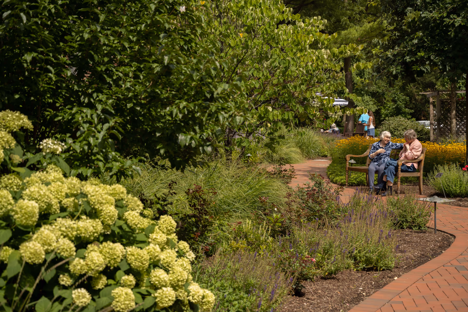 A garden path with lush greenery and blooming flowers on either side. Two elderly women are sitting on a wooden bench, engaged in conversation. In the background, two other people are standing near another bench under a shaded area. The scene is bright and sunny, showcasing a peaceful outdoor space.