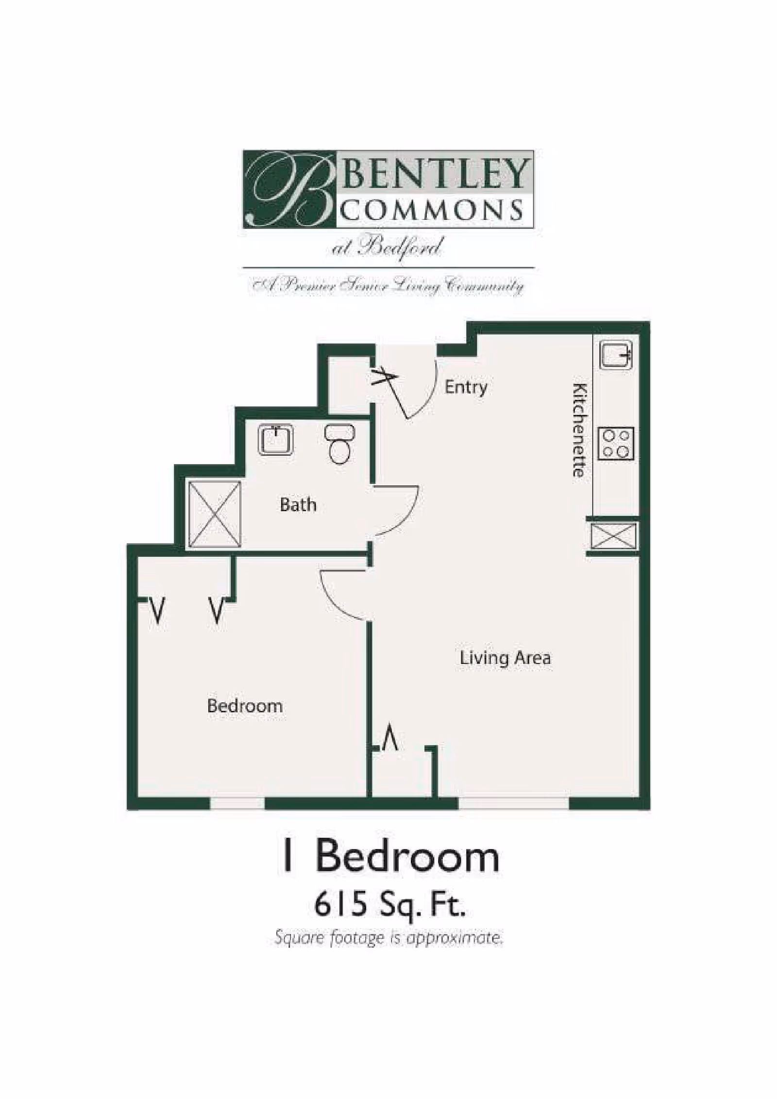 Floor plan of a one-bedroom apartment at Bentley Commons at Bedford, showing an entry, kitchenette, living area, bedroom, and bathroom with a total area of 615 square feet.