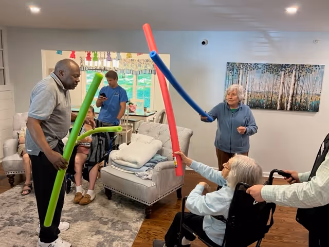 A group of elderly people and a younger person in a living room setting, engaging in a playful activity using colorful foam pool noodles. One elderly woman is seated in a wheelchair while others stand around her, holding the noodles. The room has comfortable chairs, a rug, and a large window with a view of greenery outside. A painting of birch trees hangs on the wall.