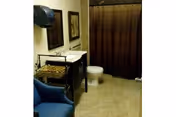 Interior view of a bathroom featuring a toilet, a sink with a mirror above it, a dark-colored shower curtain, a blue upholstered chair, and a small shelving unit with towels.