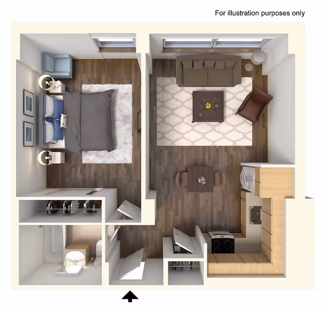 Top-down view of a one-bedroom apartment floor plan showing a bedroom with a bed, two nightstands, and a chair; a living room with a sofa, armchair, coffee table, and rug; a dining area with a table and four chairs; a kitchen with appliances and cabinets; and a bathroom with a shower, toilet, and sink.