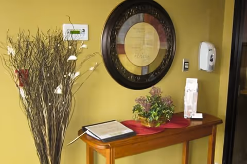 A wooden console table against a yellow wall with a decorative round framed artwork hanging above it. On the table, there is a small green plant on a red cloth, an open binder, and some pamphlets. To the left of the table is a tall arrangement of dried branches with small white decorations. A hand sanitizer dispenser is mounted on the wall to the right.