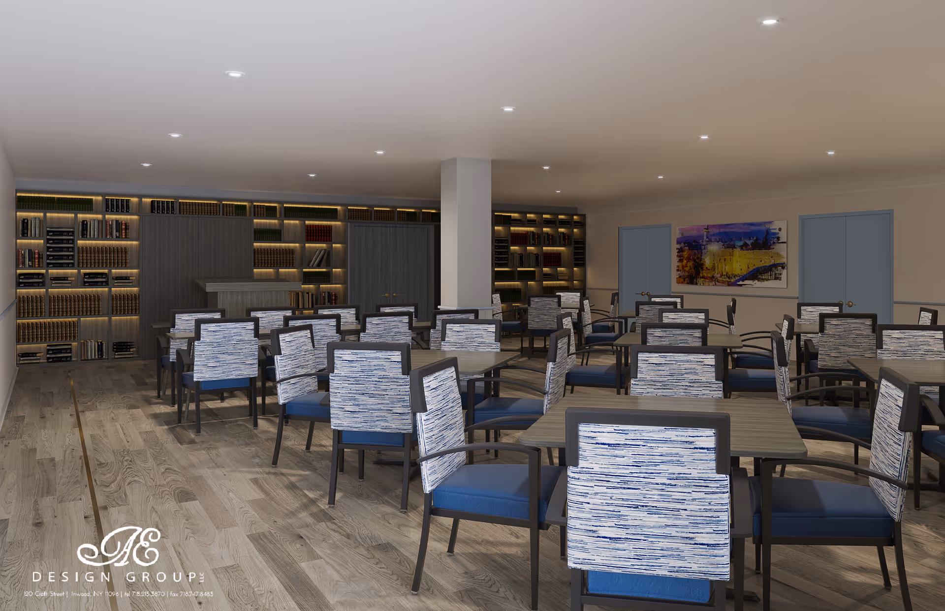 A spacious room with multiple tables and chairs arranged in rows, featuring blue cushioned seats and patterned backs. The room has wooden flooring and a wall lined with illuminated bookshelves filled with books. There are two blue doors and a colorful abstract painting on the far wall. The ceiling has recessed lighting.