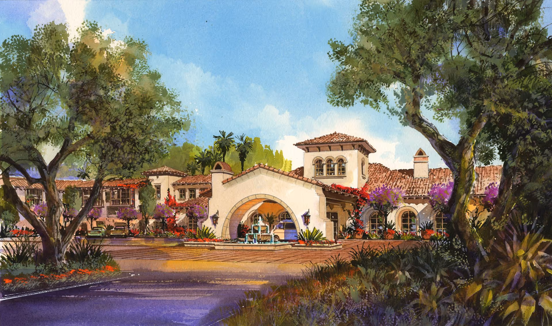 A watercolor painting of the exterior of a Mediterranean-style building with a tiled roof, arched entrance, and a central fountain. The building is surrounded by lush greenery, colorful flowers, and tall trees under a bright blue sky with some clouds.