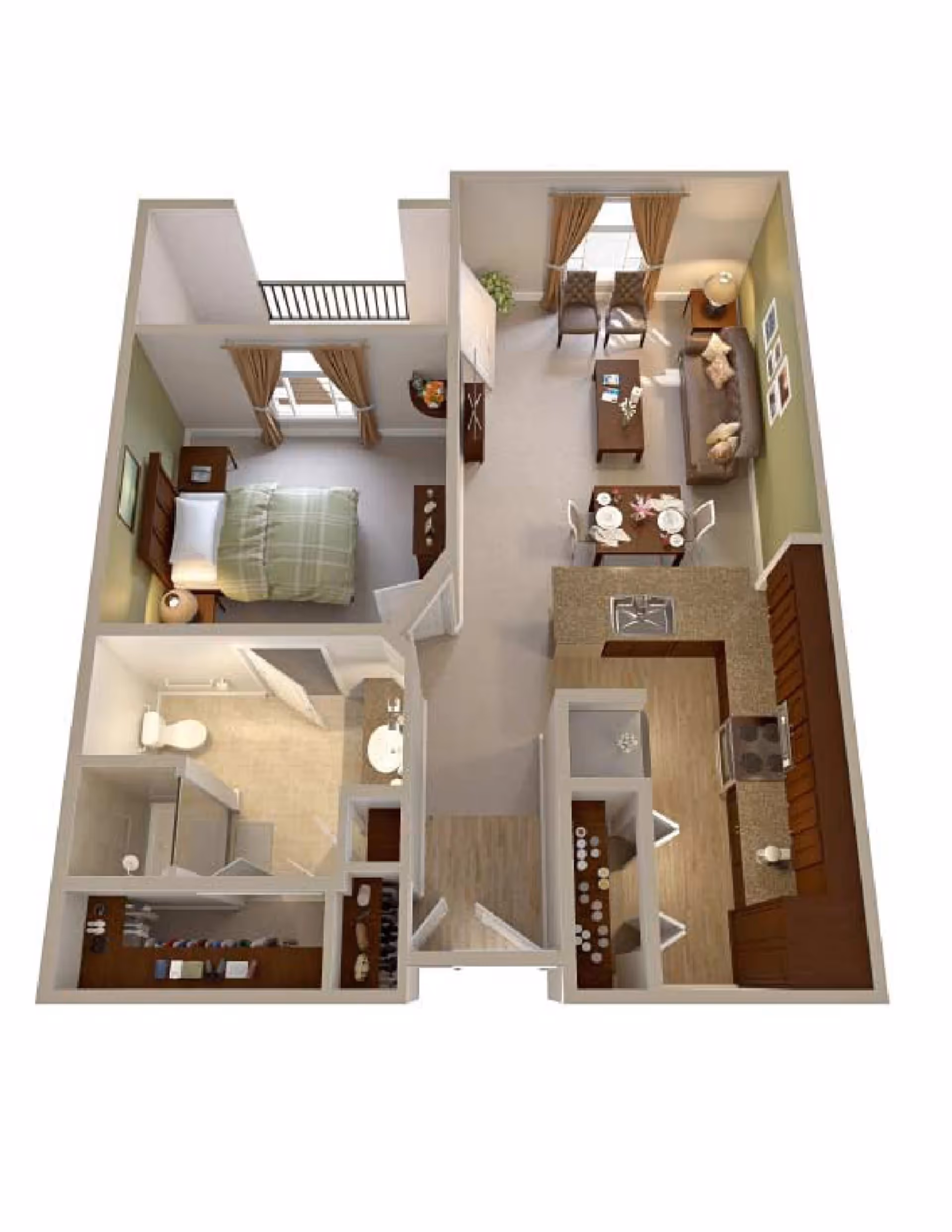 3D floor plan of a senior living apartment featuring a bedroom with a bed and nightstands, a bathroom with a shower and toilet, a walk-in closet, a kitchen with appliances and countertops, a dining area with a table set for four, and a living room with a sofa, coffee table, and chairs.