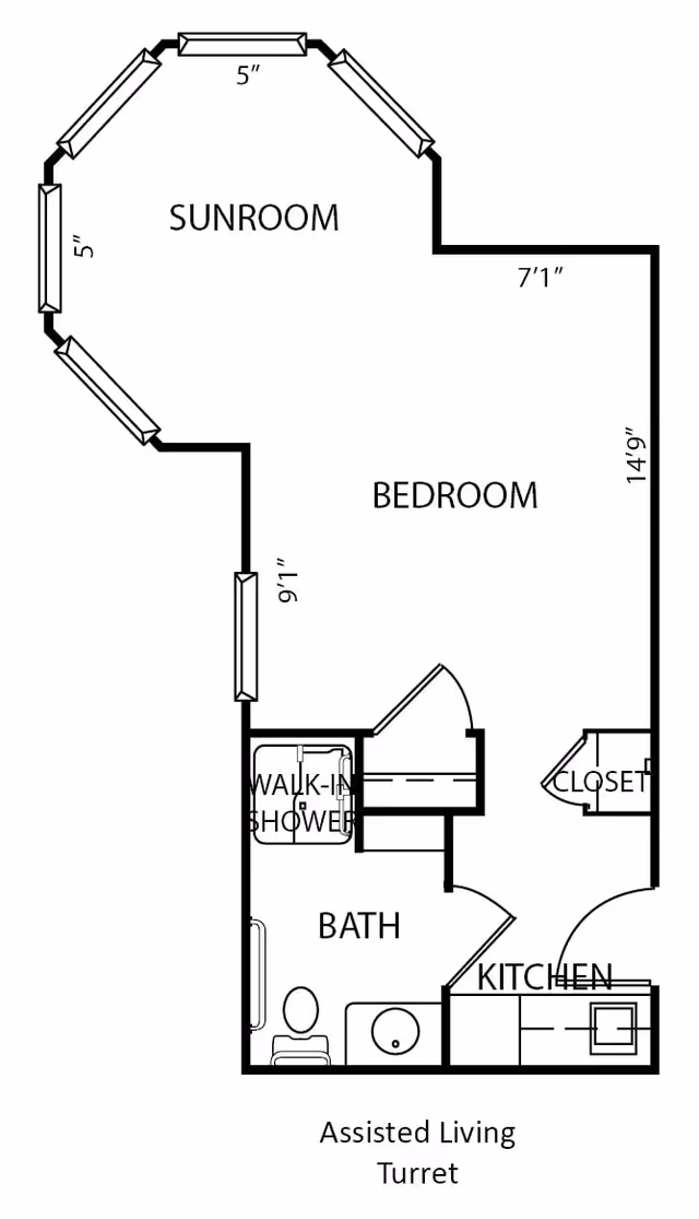 Floor plan layout of an assisted living unit named Turret at Sunrise of Hamilton, showing a sunroom, bedroom, walk-in shower, bathroom, kitchen, and closet with dimensions.