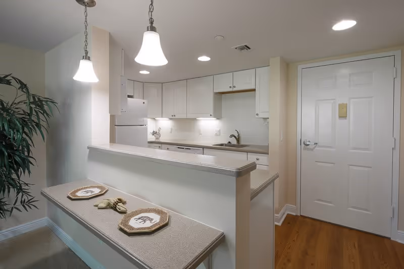 Interior view of a kitchen area with white cabinets, a refrigerator, a sink, and a countertop with two hanging pendant lights above. There is a small counter space with two decorative plates and a plant on the left side. A white door is visible on the right side with wooden flooring in front of it.