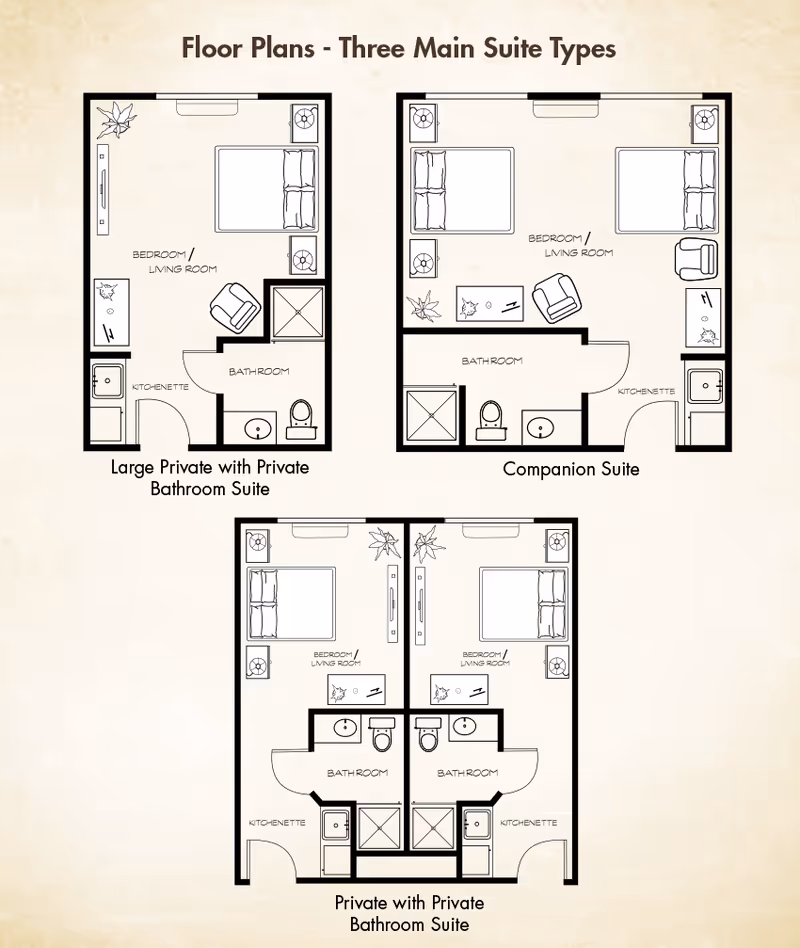 Floor plans showing three main suite types at Magnolia Place Memory Care & Transitional Assisted Living: Large Private with Private Bathroom Suite, Companion Suite, and Private with Private Bathroom Suite. Each layout includes a bedroom/living room area, kitchenette, and bathroom.