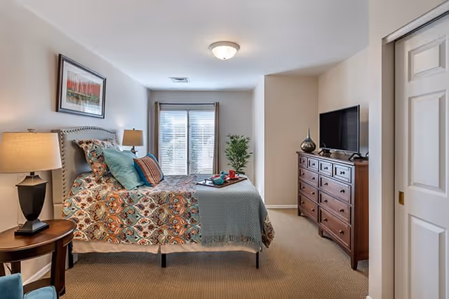A well-lit bedroom with a patterned bedspread on a bed, multiple pillows, a wooden dresser with a flat-screen TV on top, a side table with a lamp, a framed picture on the wall, a window with blinds and curtains, and a potted plant in the corner.