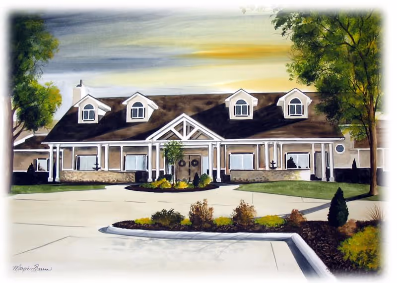 Illustration of a single-story building with a dark roof featuring four dormer windows, a covered entrance with white pillars, and landscaped greenery including trees and bushes in front. The sky is depicted with a gradient of yellow and gray tones.