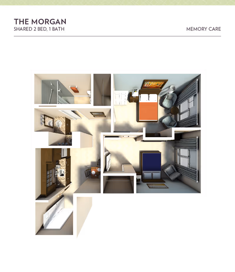 Floor plan of The Morgan, a shared 2 bedroom, 1 bathroom memory care apartment. The layout includes two bedrooms, one with an orange bed and two chairs by the window, and the other with a blue bed and a chair by the window. There is a bathroom with a shower, a kitchen area with appliances and cabinets, and a small dining area with a table and chairs.