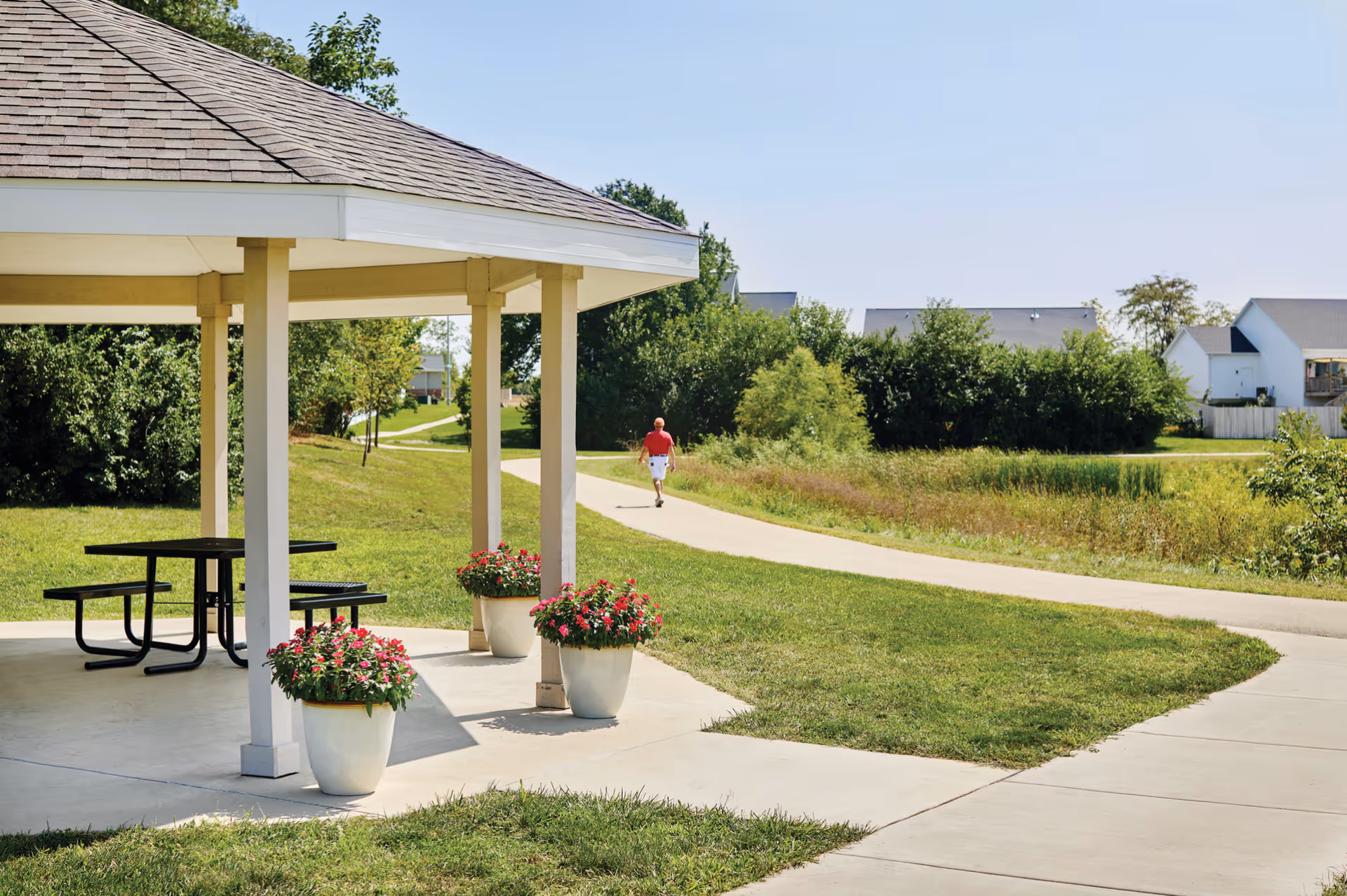 A covered outdoor pavilion with a picnic table and three flower pots with red flowers. A paved walking path curves through a grassy area with trees and shrubs, and a person wearing a red shirt and white shorts is walking on the path. Houses are visible in the background under a clear blue sky.