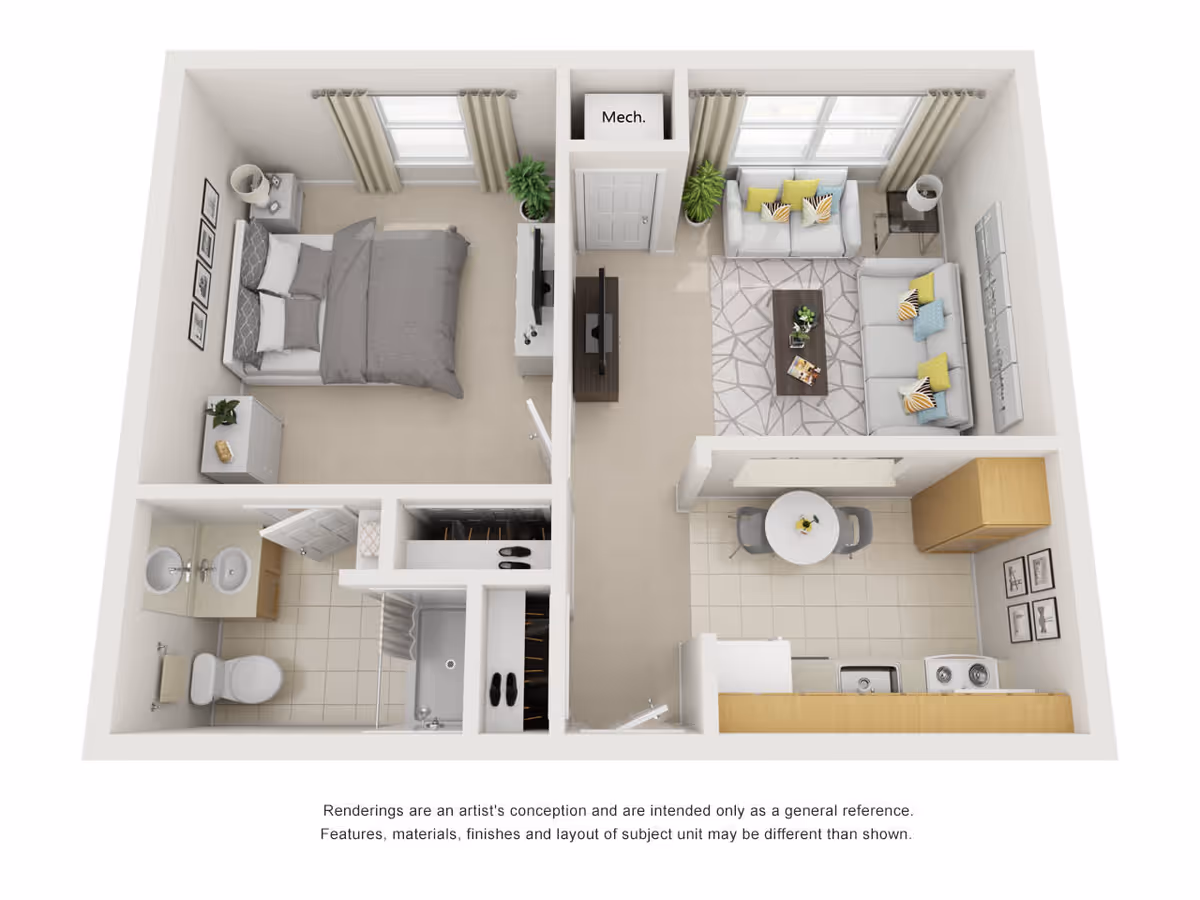 3D floor-plan rendering of a one-bedroom apartment with a bedroom, bathroom, kitchen/dining area, and living room.
