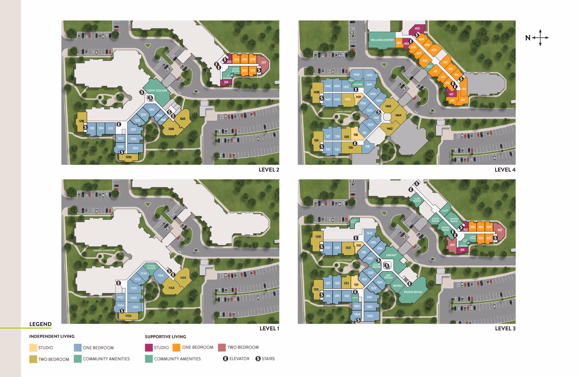 Floor plans of Atria Woodlands senior living facility showing four levels with color-coded areas for independent living, supportive living, and community amenities. Each level includes labeled rooms, elevators, stairs, parking areas, and outdoor green spaces. A legend at the bottom explains the color codes for studio, one bedroom, two bedroom units, and community amenities.