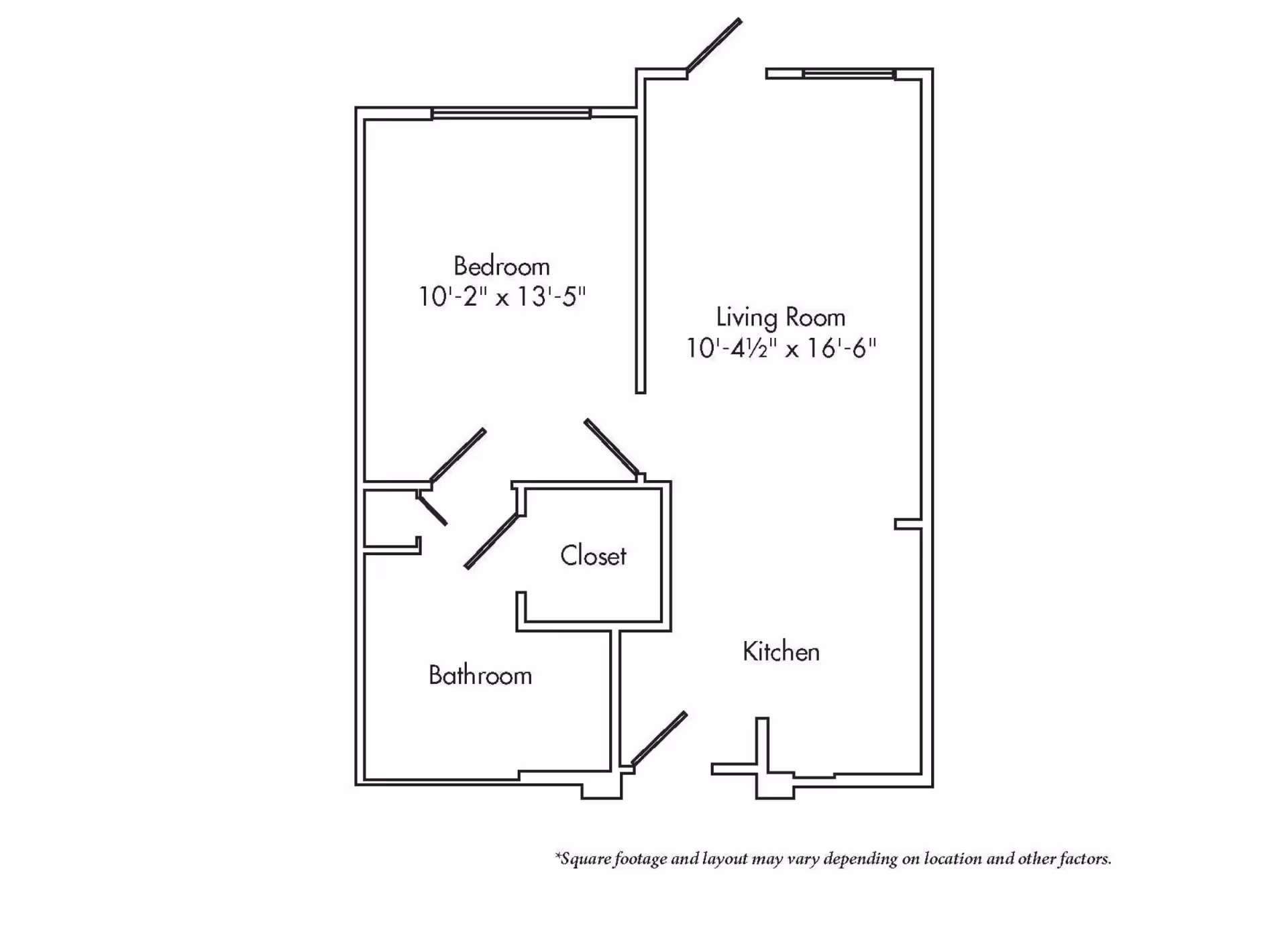 Floor plan layout of a one-bedroom apartment featuring a bedroom measuring 10 feet 2 inches by 13 feet 5 inches, a living room measuring 10 feet 4.5 inches by 16 feet 6 inches, a kitchen, a bathroom, and a closet. Note indicates that square footage and layout may vary depending on location and other factors.