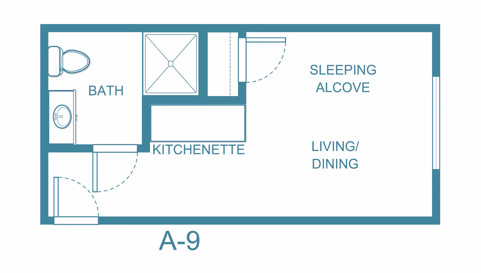 Architectural floor plan labeled A-9 showing a small living space with a bath, kitchenette, sleeping alcove, and living/dining area.