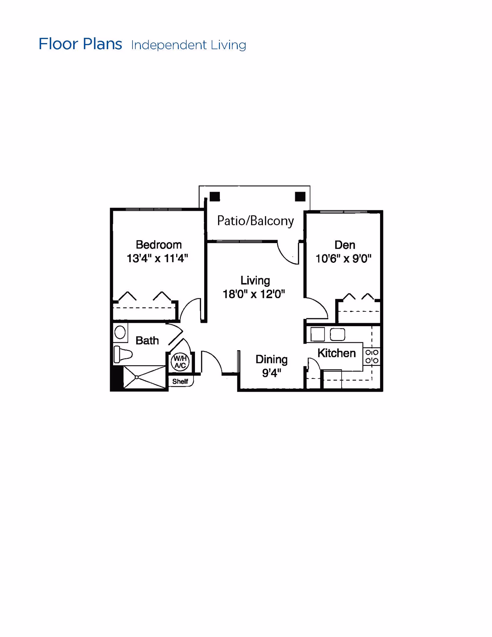 Black-and-white floor plan titled 'Floor Plans Independent Living' showing a bedroom, den, living room, dining area, kitchen, bath, and patio/balcony with dimensions.