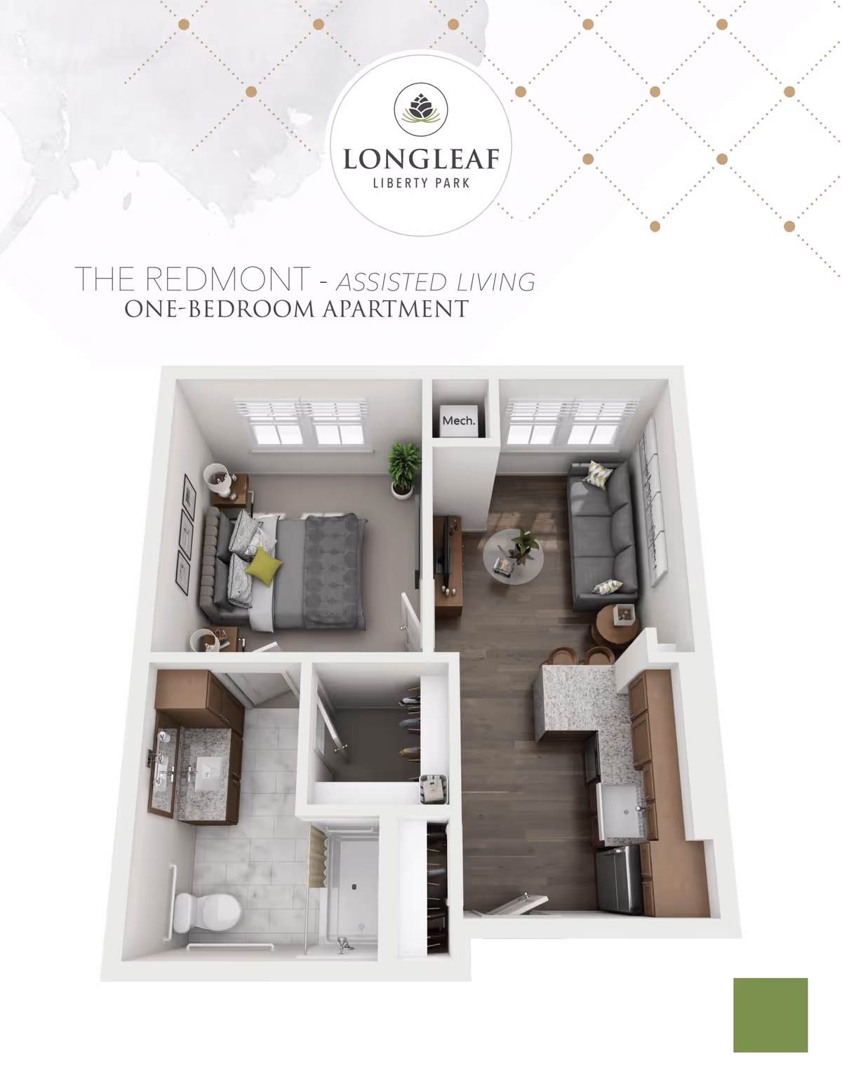 3D floor plan of The Redmont one-bedroom assisted living apartment at Longleaf Liberty Park, showing a bedroom with a bed and nightstands, a bathroom with a shower, toilet, and sink, a living room with a sofa and coffee table, and a kitchen with countertops, cabinets, and appliances.