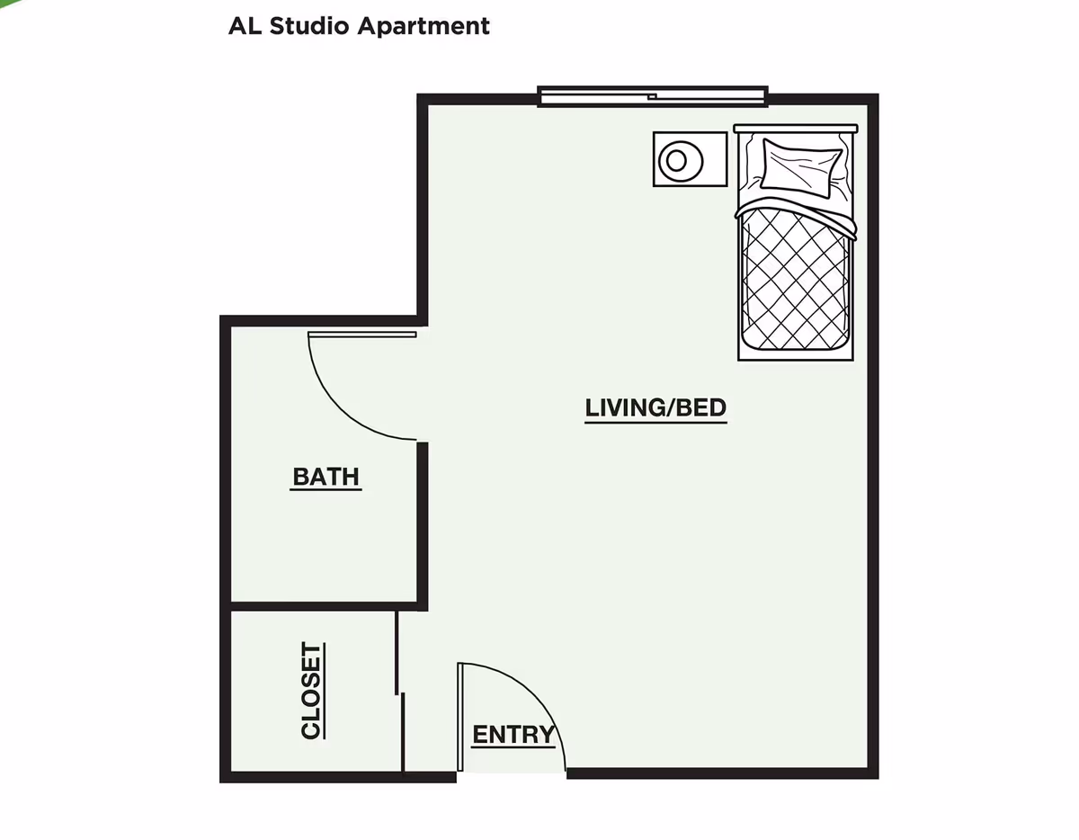 Floor plan of an AL Studio Apartment showing an entry area, a combined living and bed area with a single bed and nightstand, a bathroom, and a closet.