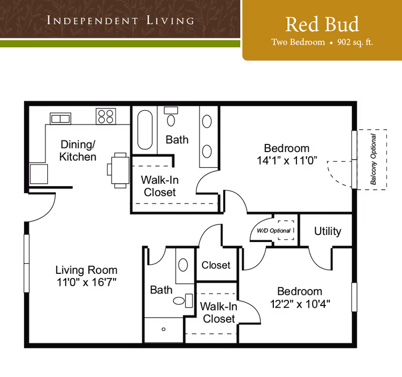 Floor plan of the Red Bud independent living unit at Green Country Village, showing a two-bedroom layout with 902 square feet. The plan includes a living room, dining/kitchen area, two bedrooms with walk-in closets, two bathrooms, a utility room, and an optional balcony.